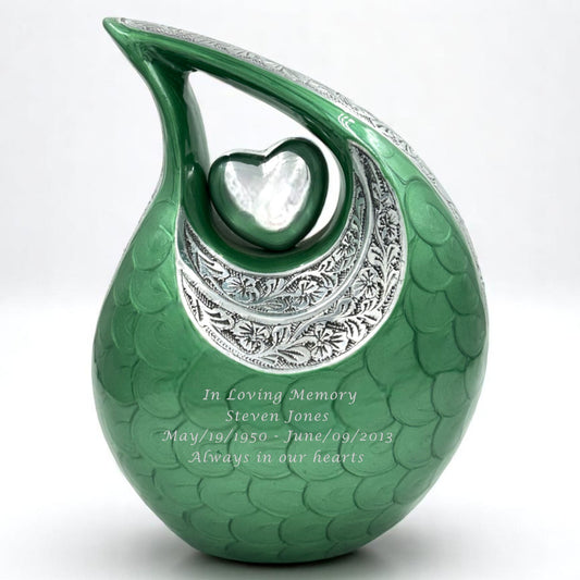Green Teardrop Cremation Urn with Engraved Silver Detail and Heart – Personalized Adult Memorial Urn for Human Ashes – Elegant Funeral Urn with Velvet Bag