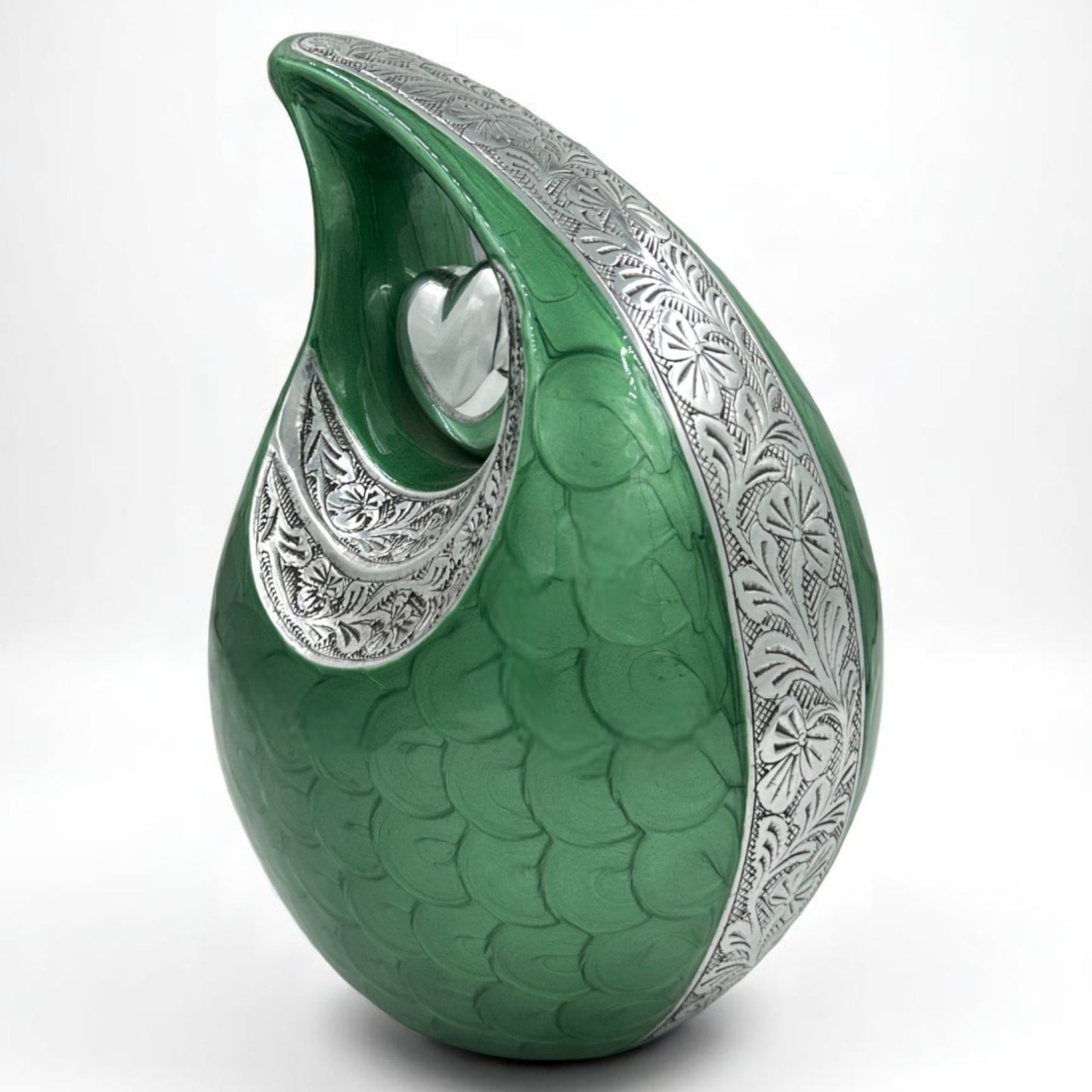 Green Teardrop Cremation Urn with Engraved Silver Detail and Heart – Personalized Adult Memorial Urn for Human Ashes – Elegant Funeral Urn with Velvet Bag