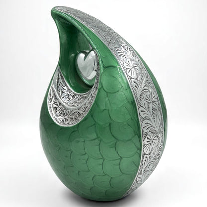 Green Teardrop Cremation Urn with Engraved Silver Detail and Heart – Personalized Adult Memorial Urn for Human Ashes – Elegant Funeral Urn with Velvet Bag