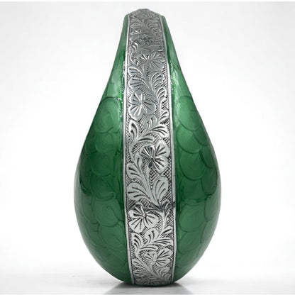 Green Teardrop Cremation Urn with Engraved Silver Detail and Heart – Personalized Adult Memorial Urn for Human Ashes – Elegant Funeral Urn with Velvet Bag