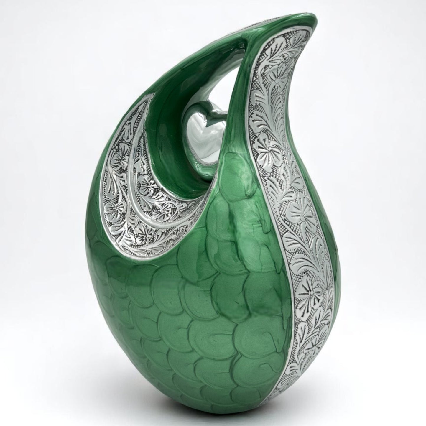 Green Teardrop Cremation Urn with Engraved Silver Detail and Heart – Personalized Adult Memorial Urn for Human Ashes – Elegant Funeral Urn with Velvet Bag
