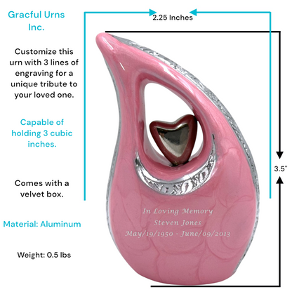 Pink Teardrop Keepsake Urn – Mini Urn for Ashes – Small Sharing Urn for Family