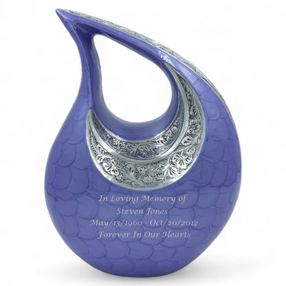 Purple Teardrop Cremation Urn with Engraved Silver Floral Detail – Personalized Adult Memorial Urn for Human Ashes – Elegant Funeral Urn with Velvet Bag