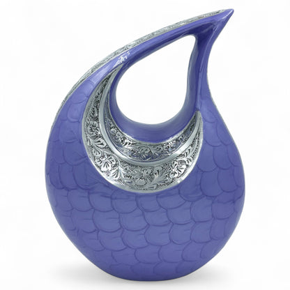 Purple Teardrop Cremation Urn with Engraved Silver Floral Detail – Personalized Adult Memorial Urn for Human Ashes – Elegant Funeral Urn with Velvet Bag