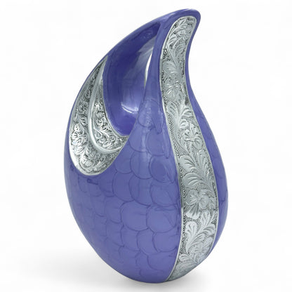 Purple Teardrop Cremation Urn with Engraved Silver Floral Detail – Personalized Adult Memorial Urn for Human Ashes – Elegant Funeral Urn with Velvet Bag