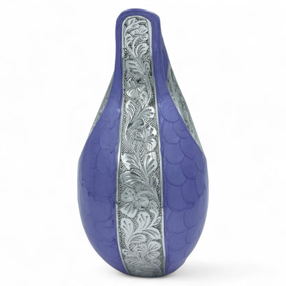 Purple Teardrop Cremation Urn with Engraved Silver Floral Detail – Personalized Adult Memorial Urn for Human Ashes – Elegant Funeral Urn with Velvet Bag