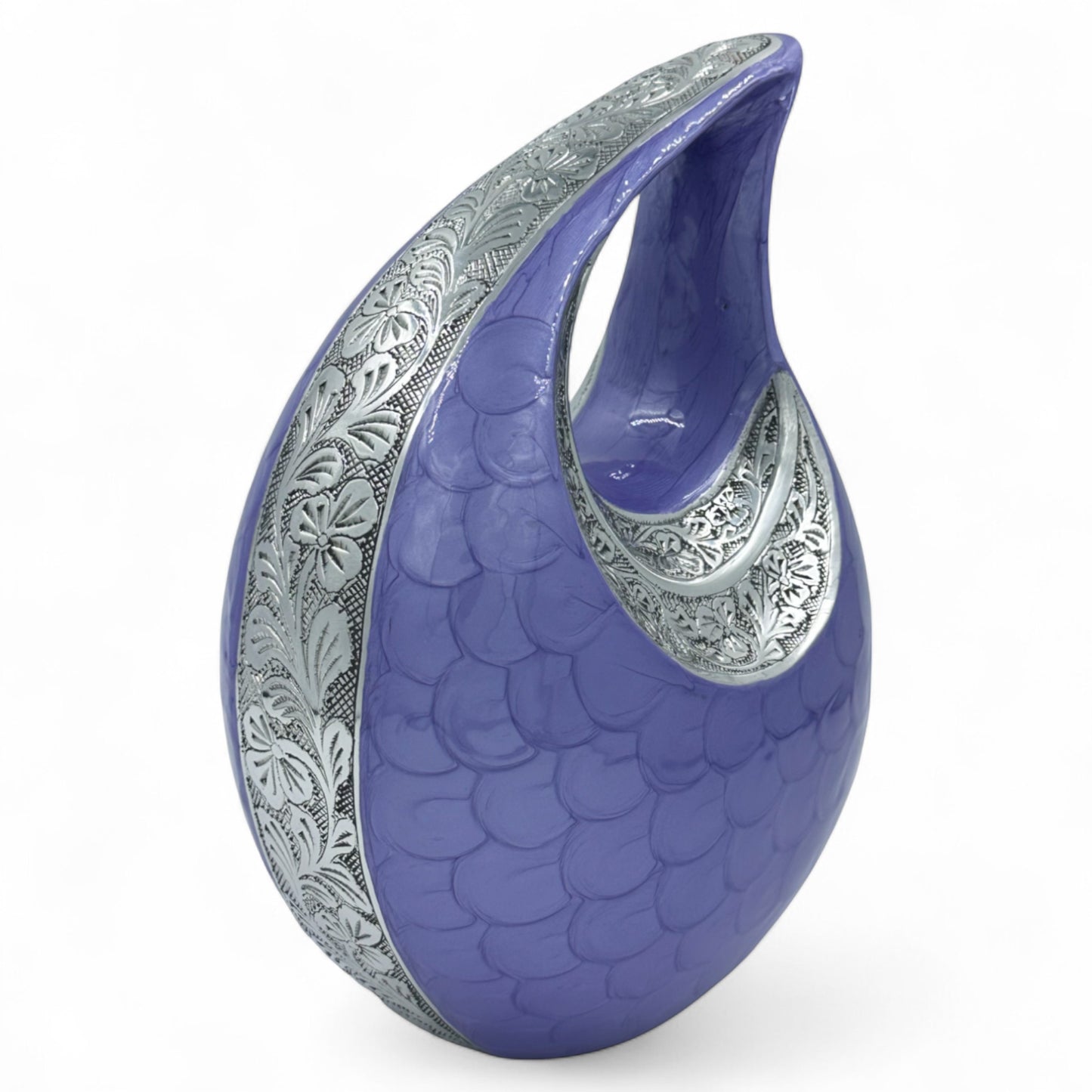 Purple Teardrop Cremation Urn with Engraved Silver Floral Detail – Personalized Adult Memorial Urn for Human Ashes – Elegant Funeral Urn with Velvet Bag
