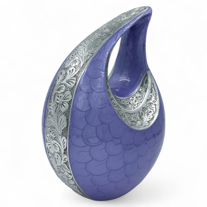 Purple Teardrop Cremation Urn with Engraved Silver Floral Detail – Personalized Adult Memorial Urn for Human Ashes – Elegant Funeral Urn with Velvet Bag