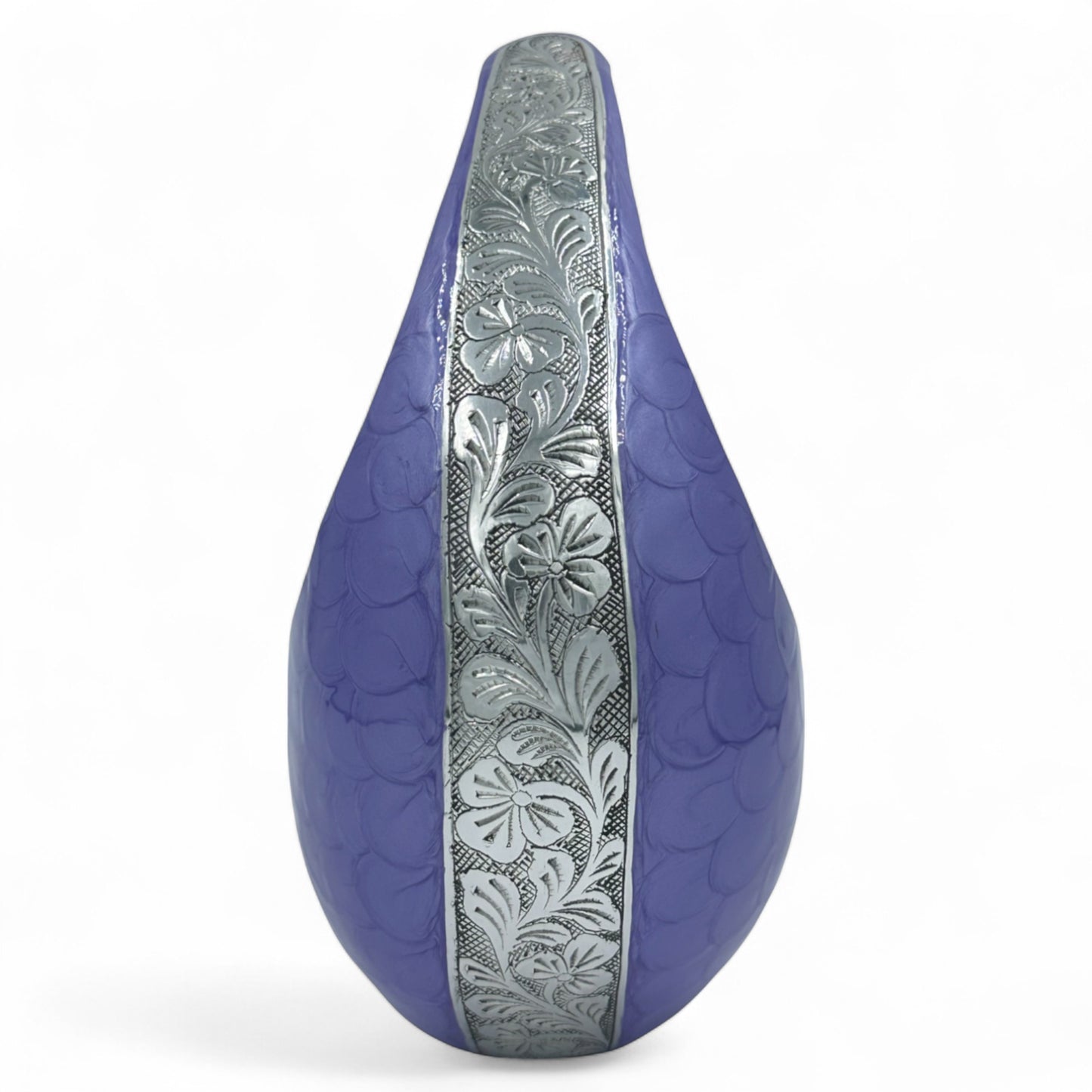 Purple Teardrop Cremation Urn with Engraved Silver Floral Detail – Personalized Adult Memorial Urn for Human Ashes – Elegant Funeral Urn with Velvet Bag