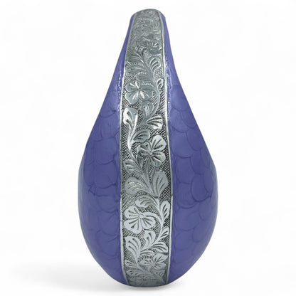 Purple Teardrop Cremation Urn with Engraved Silver Floral Detail – Personalized Adult Memorial Urn for Human Ashes – Elegant Funeral Urn with Velvet Bag