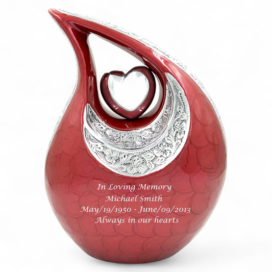 Red Teardrop Cremation Urn with Engraved Silver Detail and Heart – Personalized Adult Memorial Urn for Human Ashes – Elegant Funeral Urn with Velvet Bag