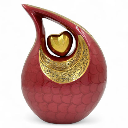 Red Teardrop Cremation Urn with Gold Heart – Personalized Memorial Urn for Adult Ashes – Engraved Funeral Urn – Elegant Keepsake