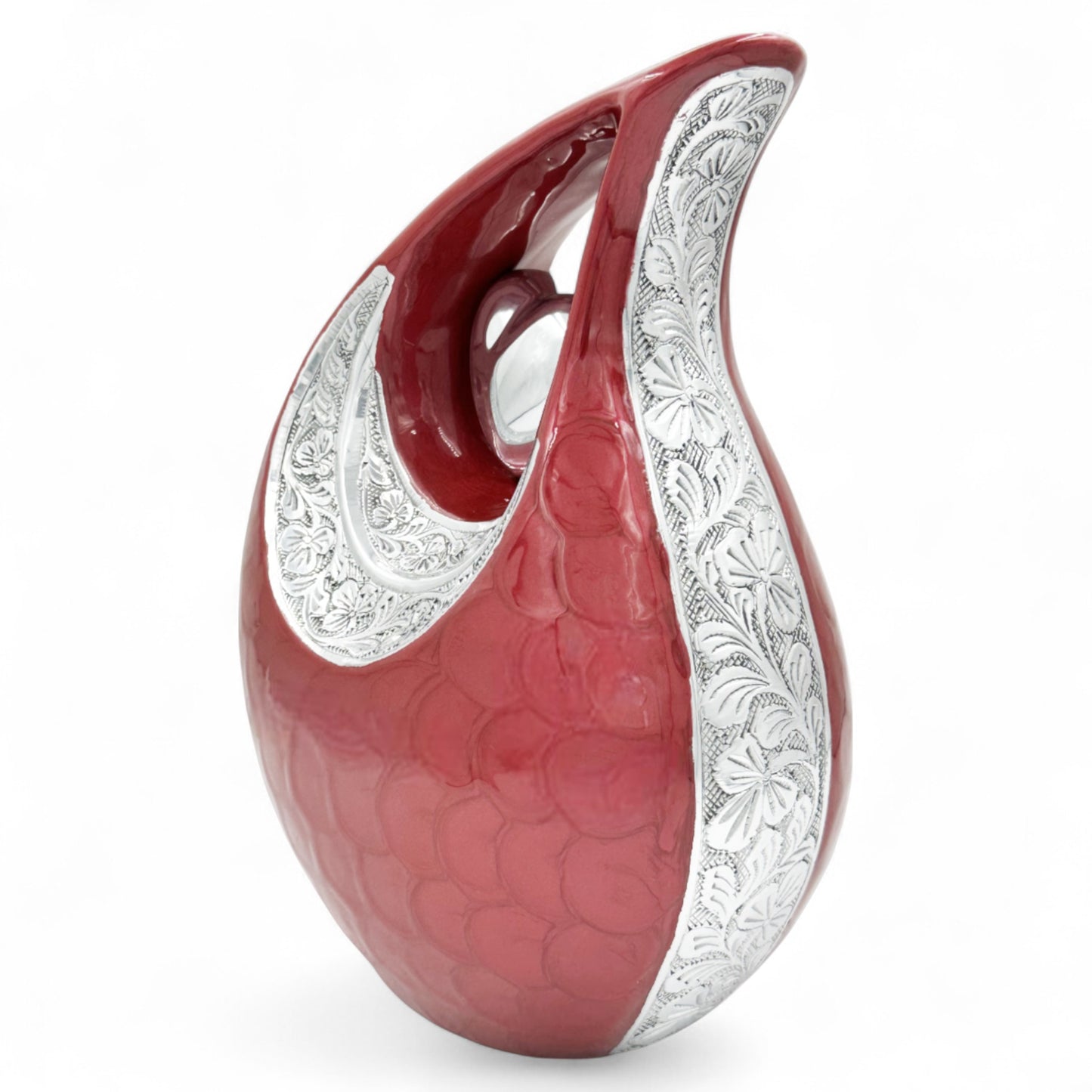 Red Teardrop Cremation Urn with Engraved Silver Detail and Heart – Personalized Adult Memorial Urn for Human Ashes – Elegant Funeral Urn with Velvet Bag