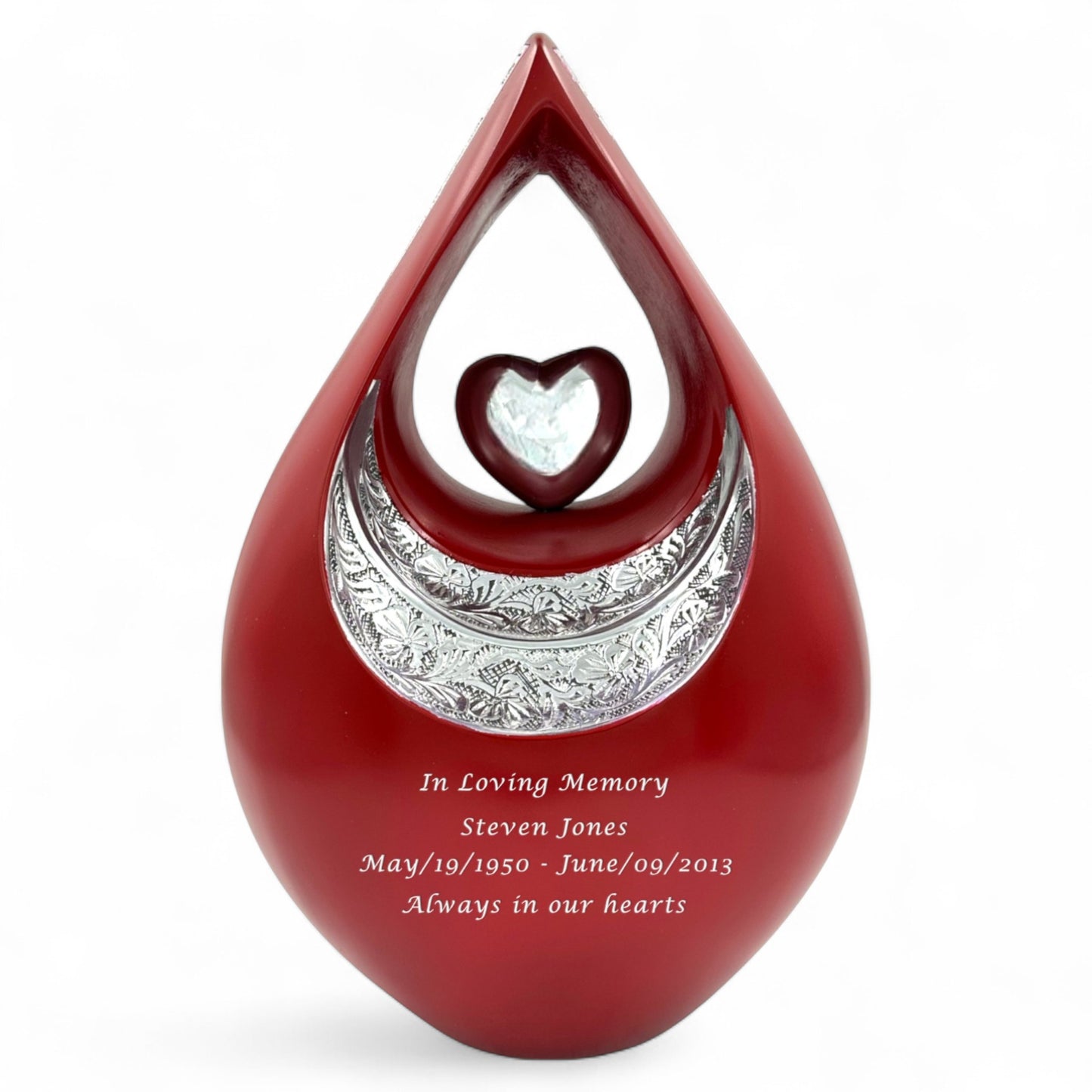Personalized Red Teardrop Cremation Urn for Ashes – Matte Finish Adult Memorial Urn