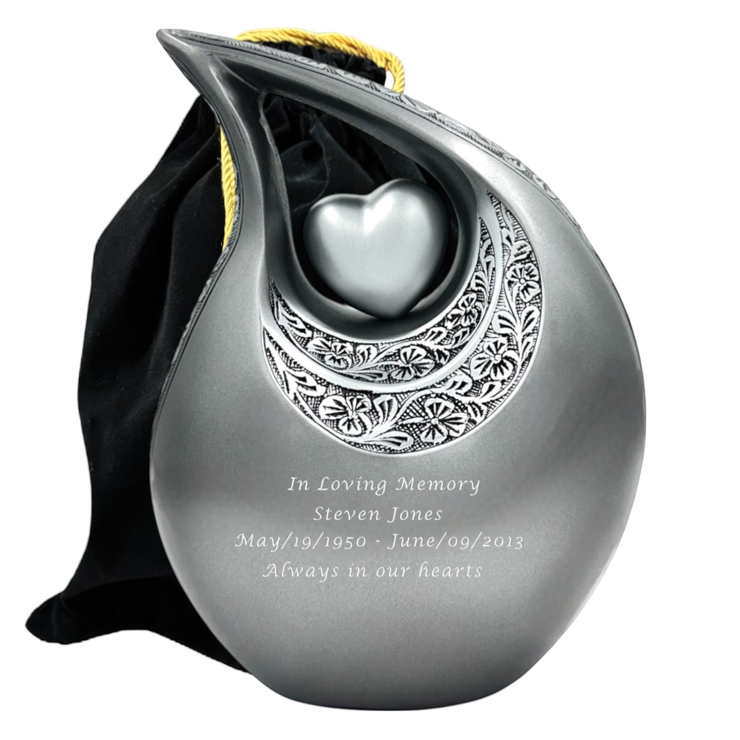 Personalized Silver Teardrop Cremation Urn with Heart – Large