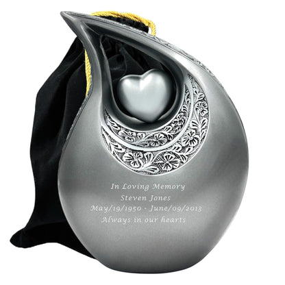 Personalized Silver Teardrop Cremation Urn with Heart – Large