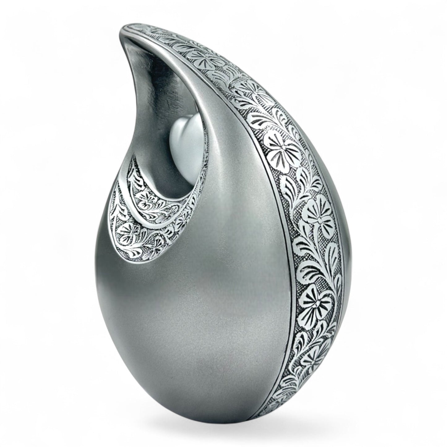Silver Teardrop Cremation Urn with Heart – Engraved Adult Urn for Human Ashes – Personalized Memorial & Funeral Keepsake Urn with Velvet Bag