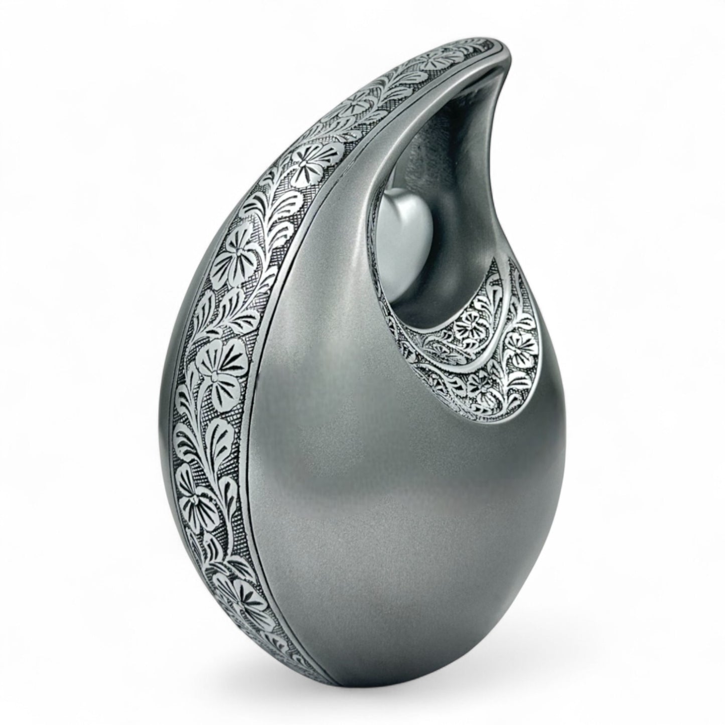 Silver Teardrop Cremation Urn with Heart – Engraved Adult Urn for Human Ashes – Personalized Memorial & Funeral Keepsake Urn with Velvet Bag