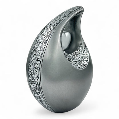 Silver Teardrop Cremation Urn with Heart – Engraved Adult Urn for Human Ashes – Personalized Memorial & Funeral Keepsake Urn with Velvet Bag
