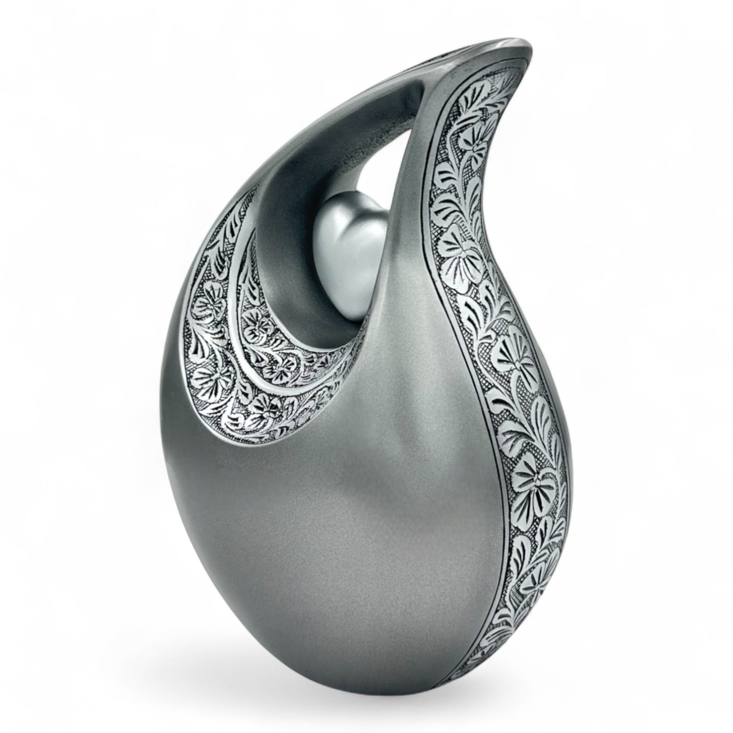 Silver Teardrop Cremation Urn with Heart – Engraved Adult Urn for Human Ashes – Personalized Memorial & Funeral Keepsake Urn with Velvet Bag