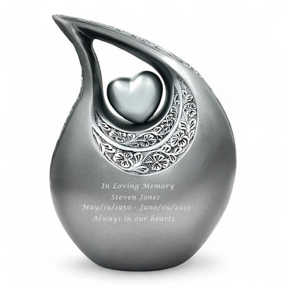 Silver Teardrop Cremation Urn with Heart – Engraved Adult Urn for Human Ashes – Personalized Memorial & Funeral Keepsake Urn with Velvet Bag
