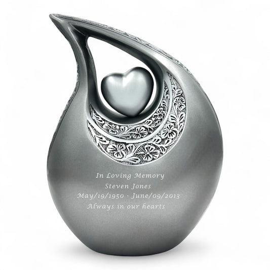 Silver Teardrop Cremation Urn with Heart – Engraved Adult Urn for Human Ashes – Personalized Memorial & Funeral Keepsake Urn with Velvet Bag