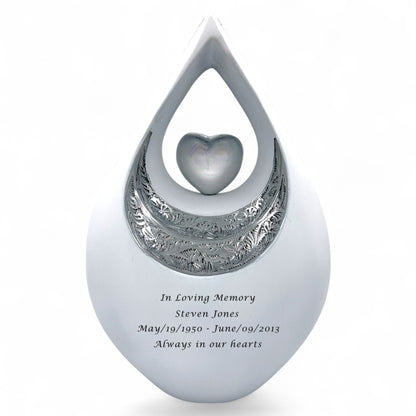 Personalized White Teardrop Cremation Urn for Ashes – Matte Finish Adult Memorial Urn