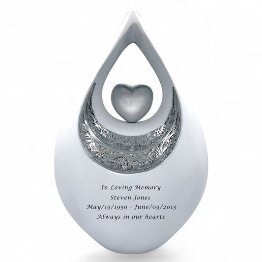 Personalized White Teardrop Cremation Urn for Ashes – Matte Finish Adult Memorial Urn