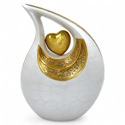 White Teardrop Cremation Urn with Gold Heart – Personalized Adult Urn – Hand-Engraved Memorial Urn – Velvet Bag Included