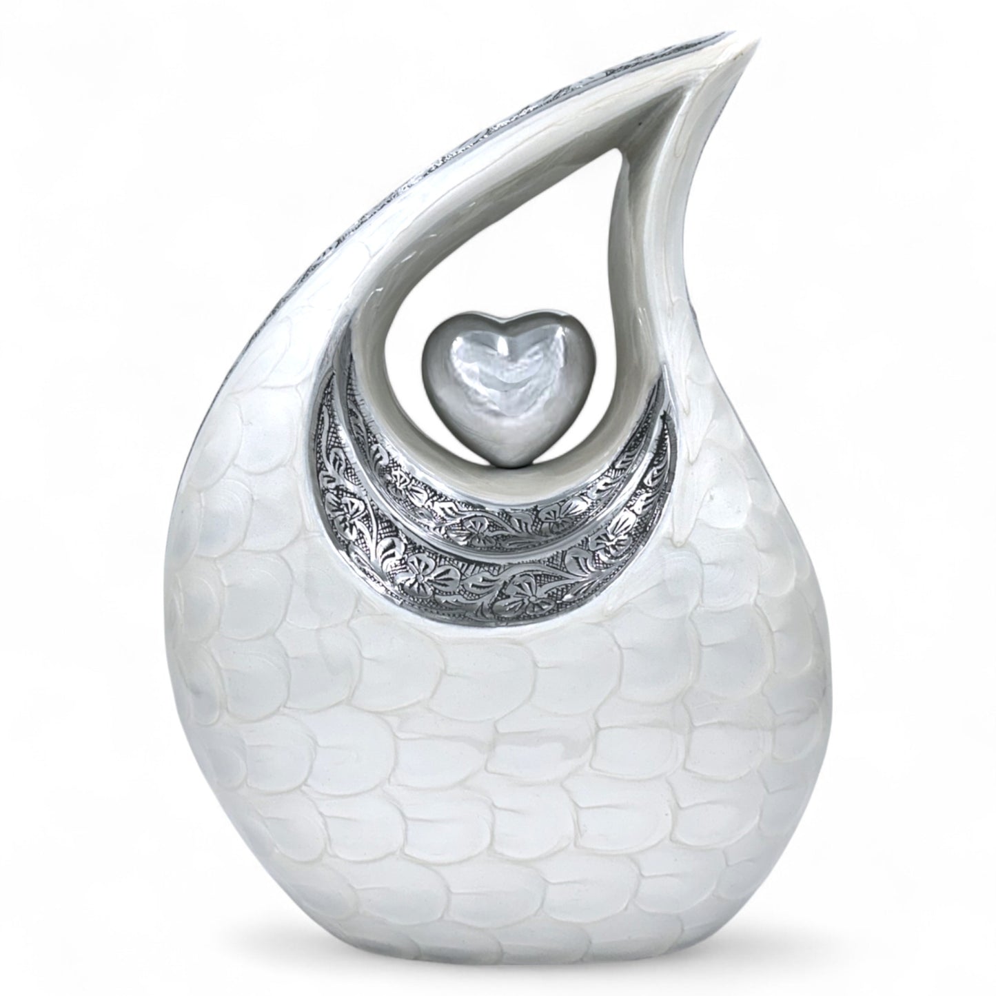 White Teardrop Cremation Urn with Silver Heart & Cardinals – Personalized Memorial Urn for Ashes – Medium & Large Sizes