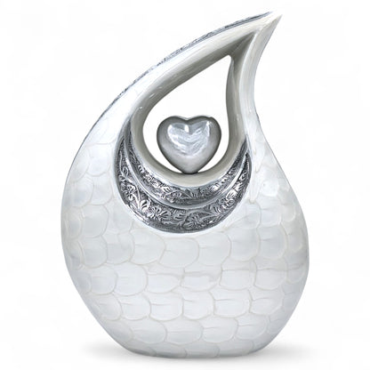 White Teardrop Cremation Urn with Silver Heart & Cardinals – Personalized Memorial Urn for Ashes – Medium & Large Sizes