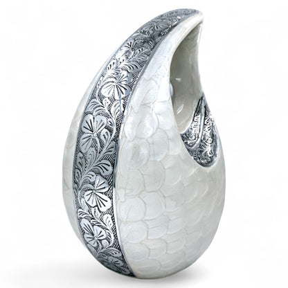 White Teardrop Cremation Urn with Silver Heart & Cardinals – Personalized Memorial Urn for Ashes – Medium & Large Sizes