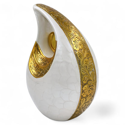 White Teardrop Cremation Urn with Gold Heart – Personalized Adult Urn – Hand-Engraved Memorial Urn – Velvet Bag Included