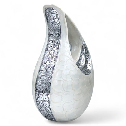White Teardrop Cremation Urn with Silver Heart & Cardinals – Personalized Memorial Urn for Ashes – Medium & Large Sizes