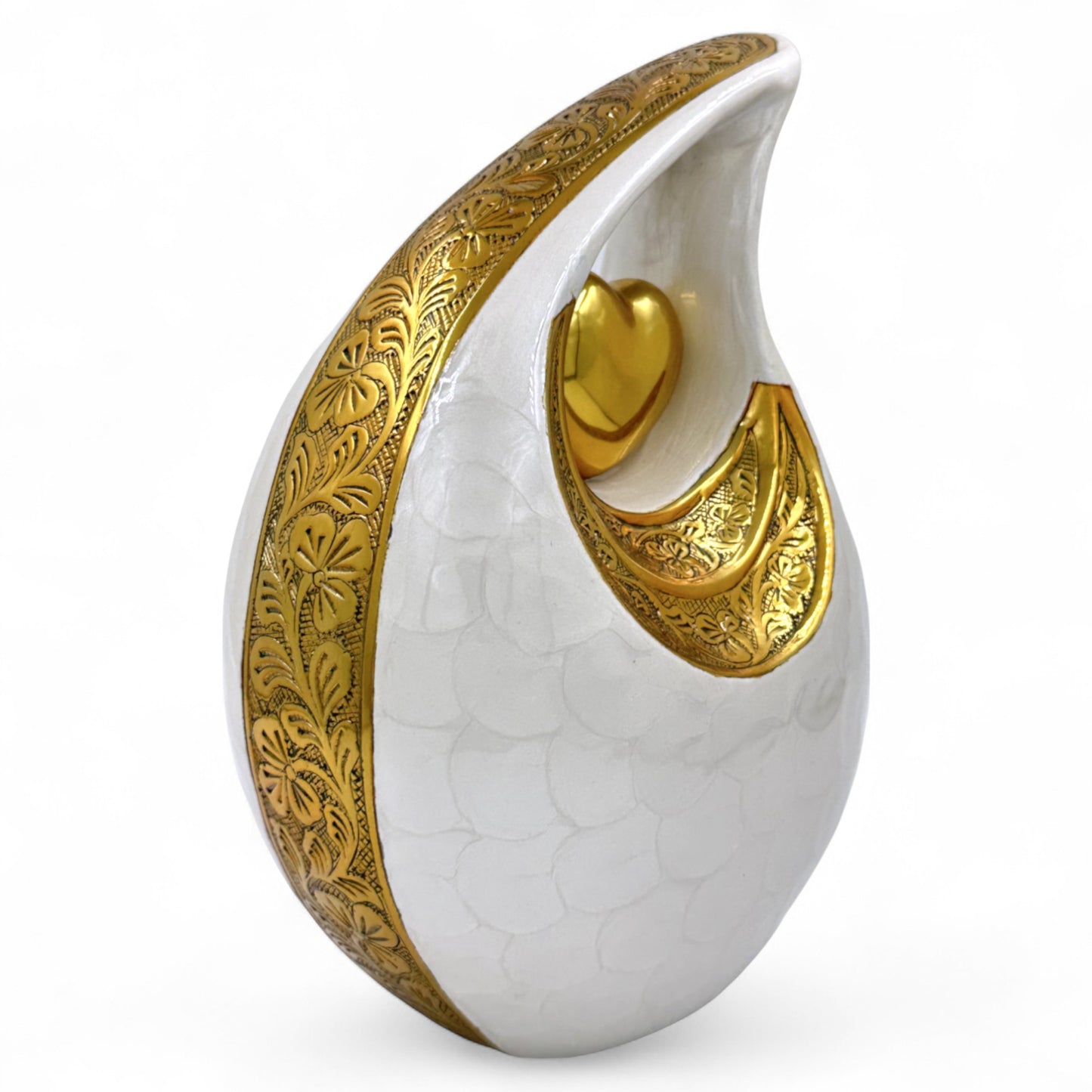 White Teardrop Cremation Urn with Gold Heart – Personalized Adult Urn – Hand-Engraved Memorial Urn – Velvet Bag Included
