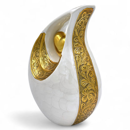 White Teardrop Cremation Urn with Gold Heart – Personalized Adult Urn – Hand-Engraved Memorial Urn – Velvet Bag Included