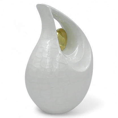 White Teardrop Cremation Urn with Gold Heart – Personalized Adult Ashes Urn – Hand-Engraved Memorial Urn – Medium & Large Sizes with Velvet Bag