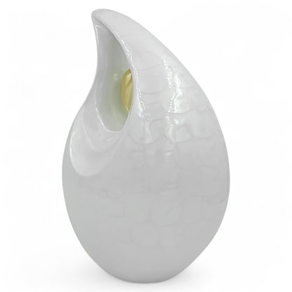 White Teardrop Cremation Urn with Gold Heart – Personalized Adult Ashes Urn – Hand-Engraved Memorial Urn – Medium & Large Sizes with Velvet Bag