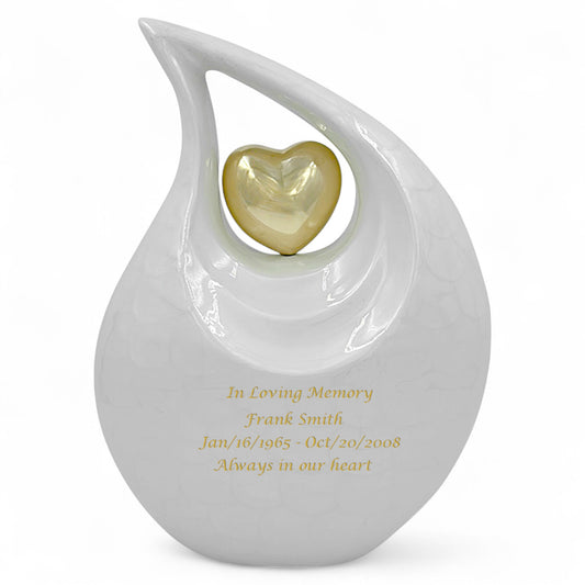 White Teardrop Cremation Urn with Gold Heart – Personalized Adult Ashes Urn – Hand-Engraved Memorial Urn – Medium & Large Sizes with Velvet Bag