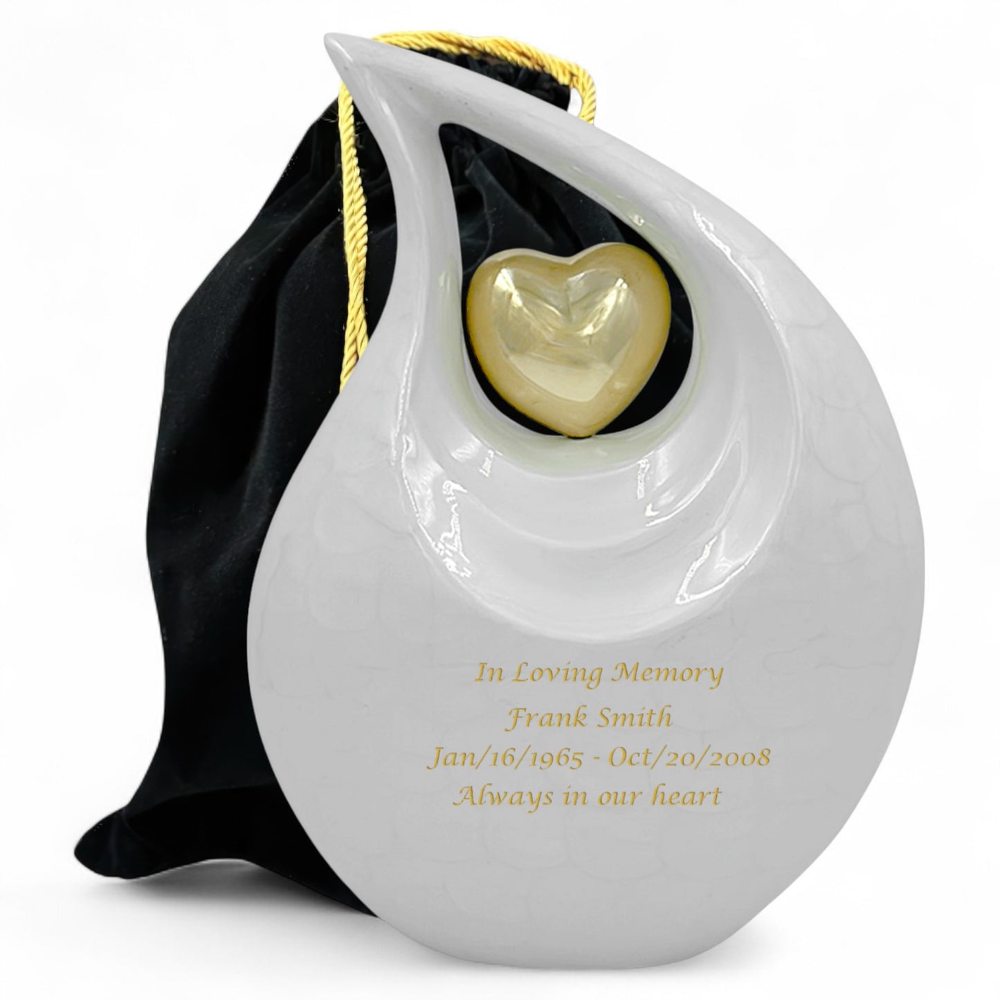 White Teardrop Cremation Urn with Gold Heart – Personalized Adult Ashes Urn – Hand-Engraved Memorial Urn – Medium & Large Sizes with Velvet Bag