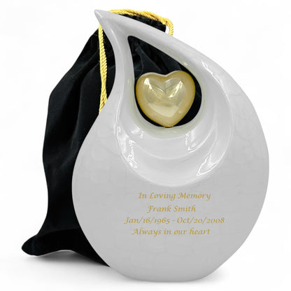 White Teardrop Cremation Urn with Gold Heart – Personalized Adult Ashes Urn – Hand-Engraved Memorial Urn – Medium & Large Sizes with Velvet Bag