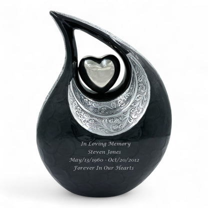 Black Teardrop Cremation Urn with Engraved Silver Detail and Heart – Personalized Adult Memorial Urn for Human Ashes – Elegant Funeral Urn with Velvet Bag