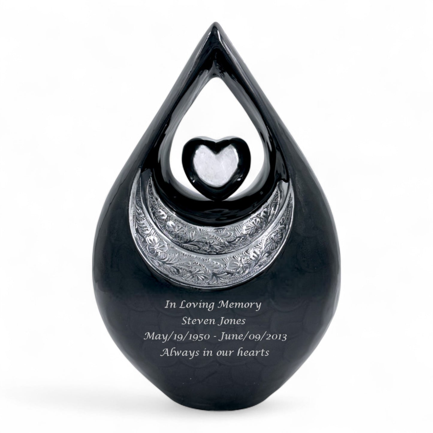 Personalized Black Teardrop Cremation Urn for Human Ashes – Adult Memorial Urn with Velvet Bag, 200 Cubic Inches