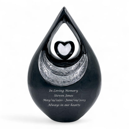 Personalized Black Teardrop Cremation Urn for Human Ashes – Adult Memorial Urn with Velvet Bag, 200 Cubic Inches