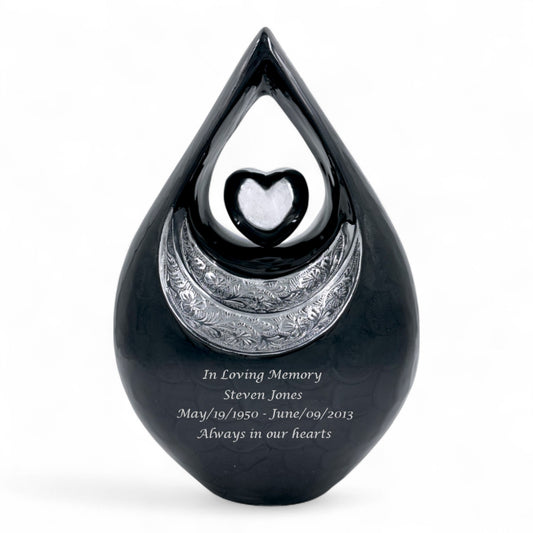 Personalized Black Teardrop Cremation Urn for Human Ashes – Adult Memorial Urn with Velvet Bag, 200 Cubic Inches