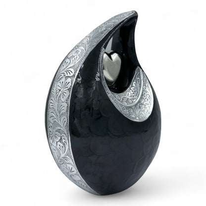 Black Teardrop Cremation Urn with Engraved Silver Detail and Heart – Personalized Adult Memorial Urn for Human Ashes – Elegant Funeral Urn with Velvet Bag