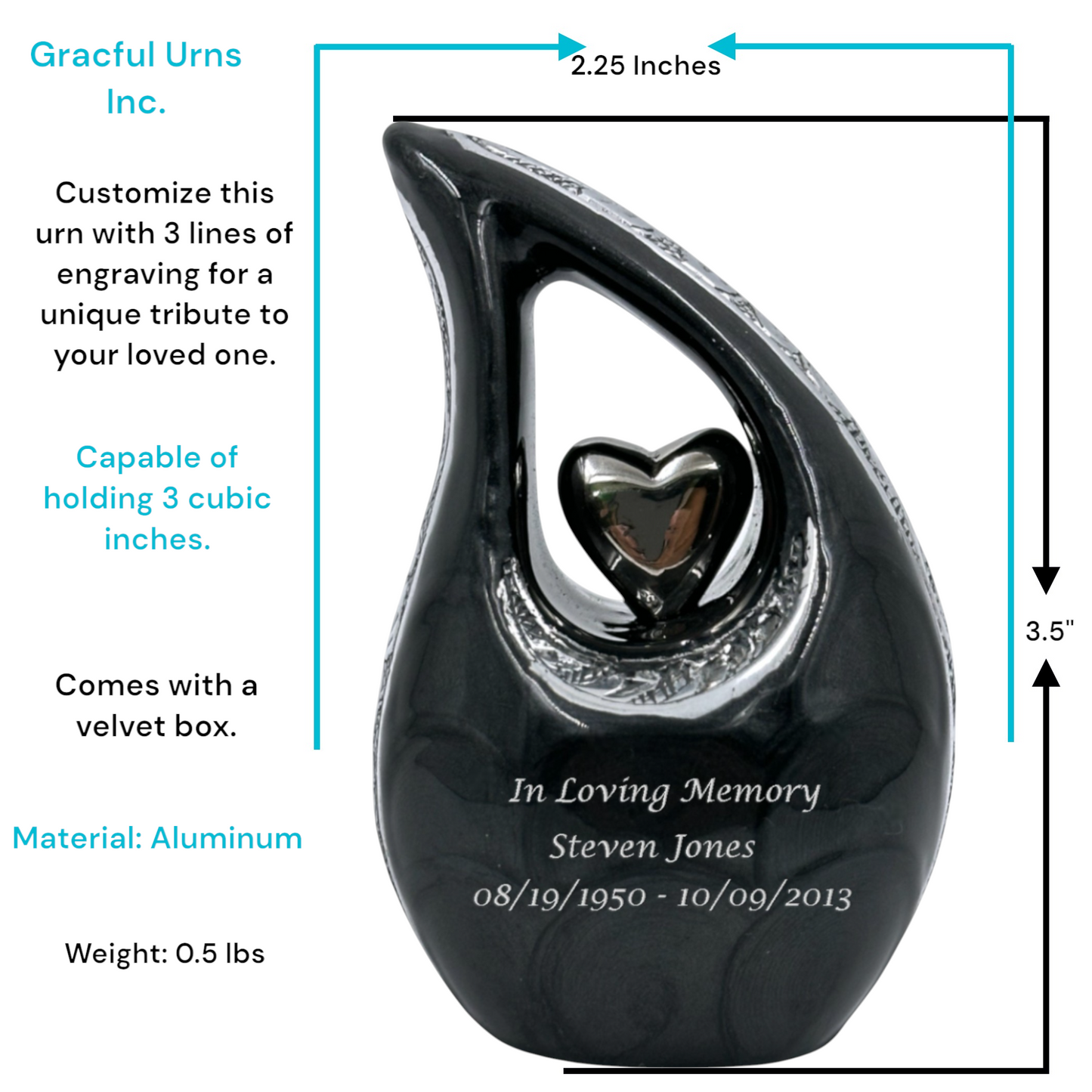 Black Teardrop Keepsake Urn – Mini Keepsake Urn for Ashes – Small Sharing Urn for Family