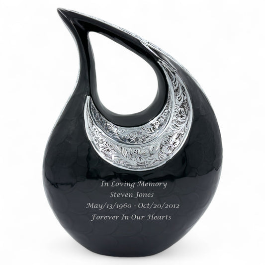 Black Teardrop Cremation Urn with Engraved Silver Floral Detail – Personalized Adult Memorial Urn for Human Ashes – Elegant Funeral Urn with Velvet Bag