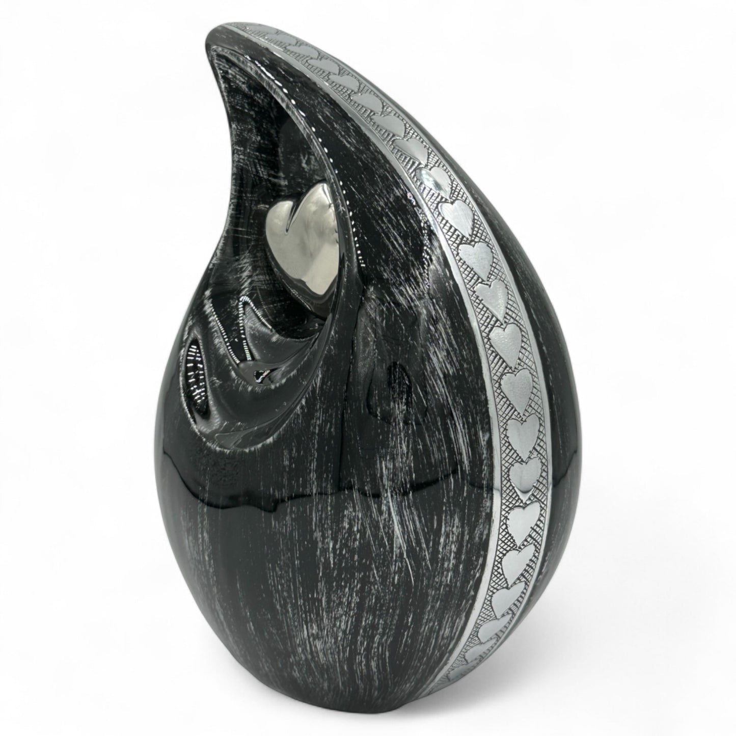 Black Teardrop Cremation Urn with Silver Heart – Personalized Adult Memorial Urn for Human Ashes – Elegant Engraved Funeral Urn with Velvet Bag