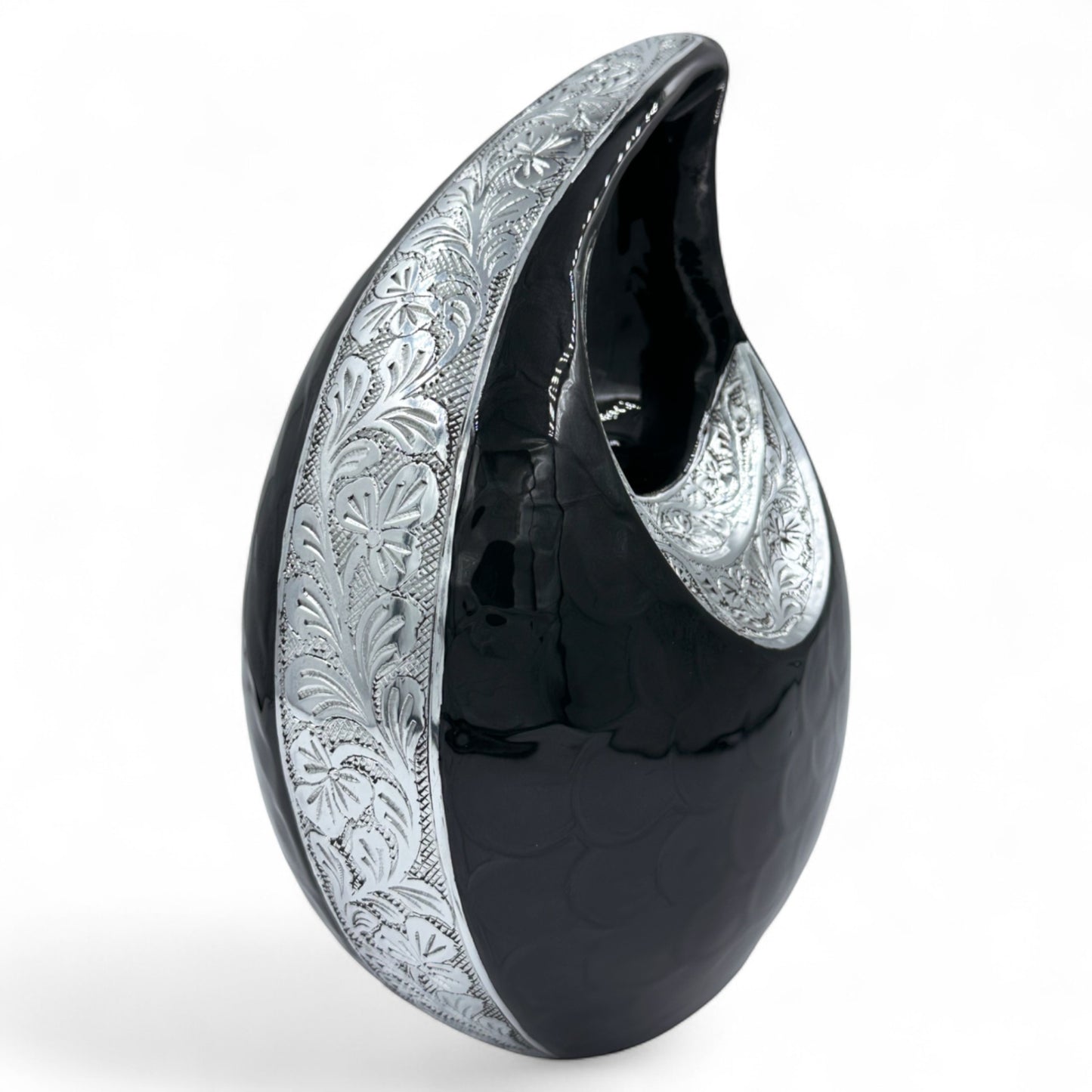 Black Teardrop Cremation Urn with Engraved Silver Floral Detail – Personalized Adult Memorial Urn for Human Ashes – Elegant Funeral Urn with Velvet Bag